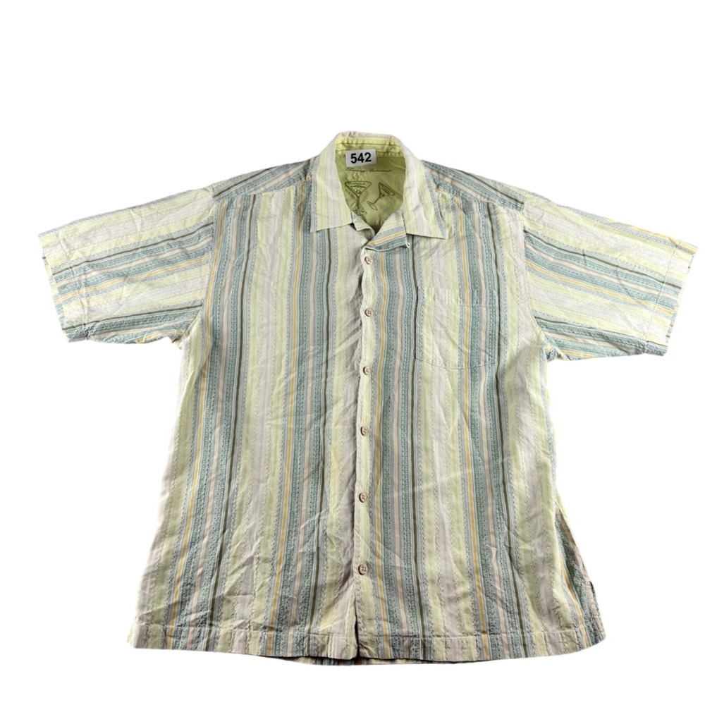Tommy Bahama Silk Shirt Mens Large Striped Short Sleeve Button Up Casual